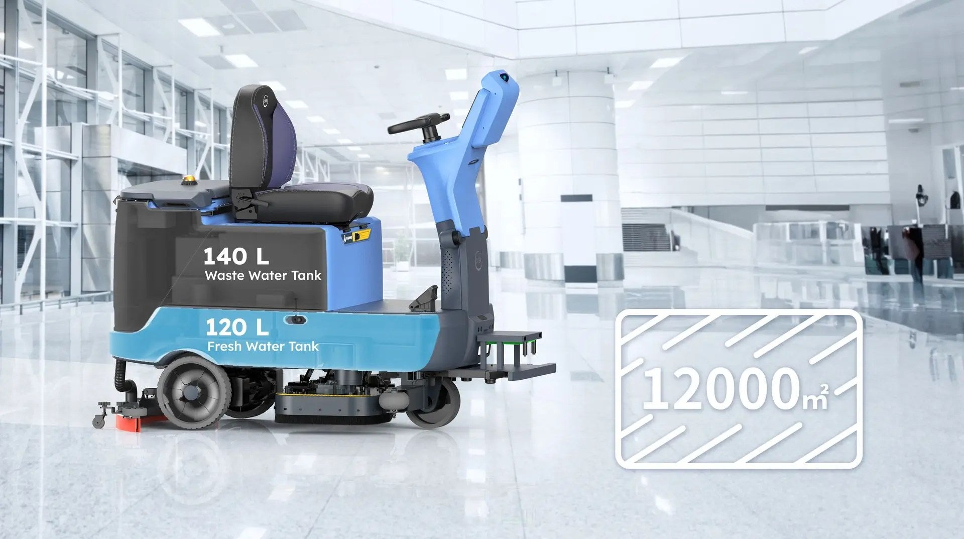 Sveabot M100E ride-on autonomous floor scrubber showing the 120 litre fresh water tank, 140 litre waste tank and 12,000 square metre coverage