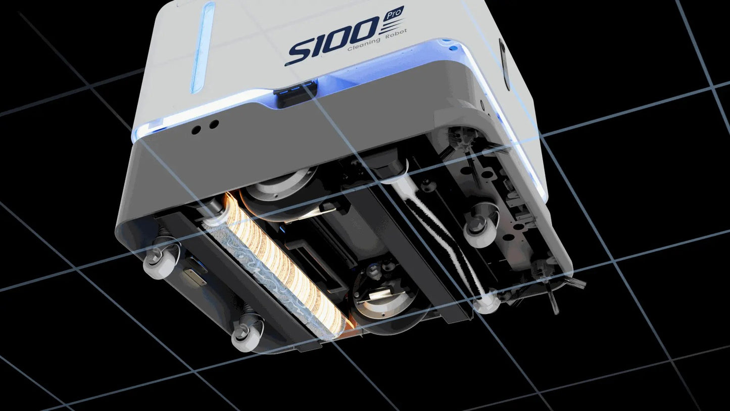Underside of the Sveabot S100 Pro showing the scrubbing roller, side brushes and squeegee