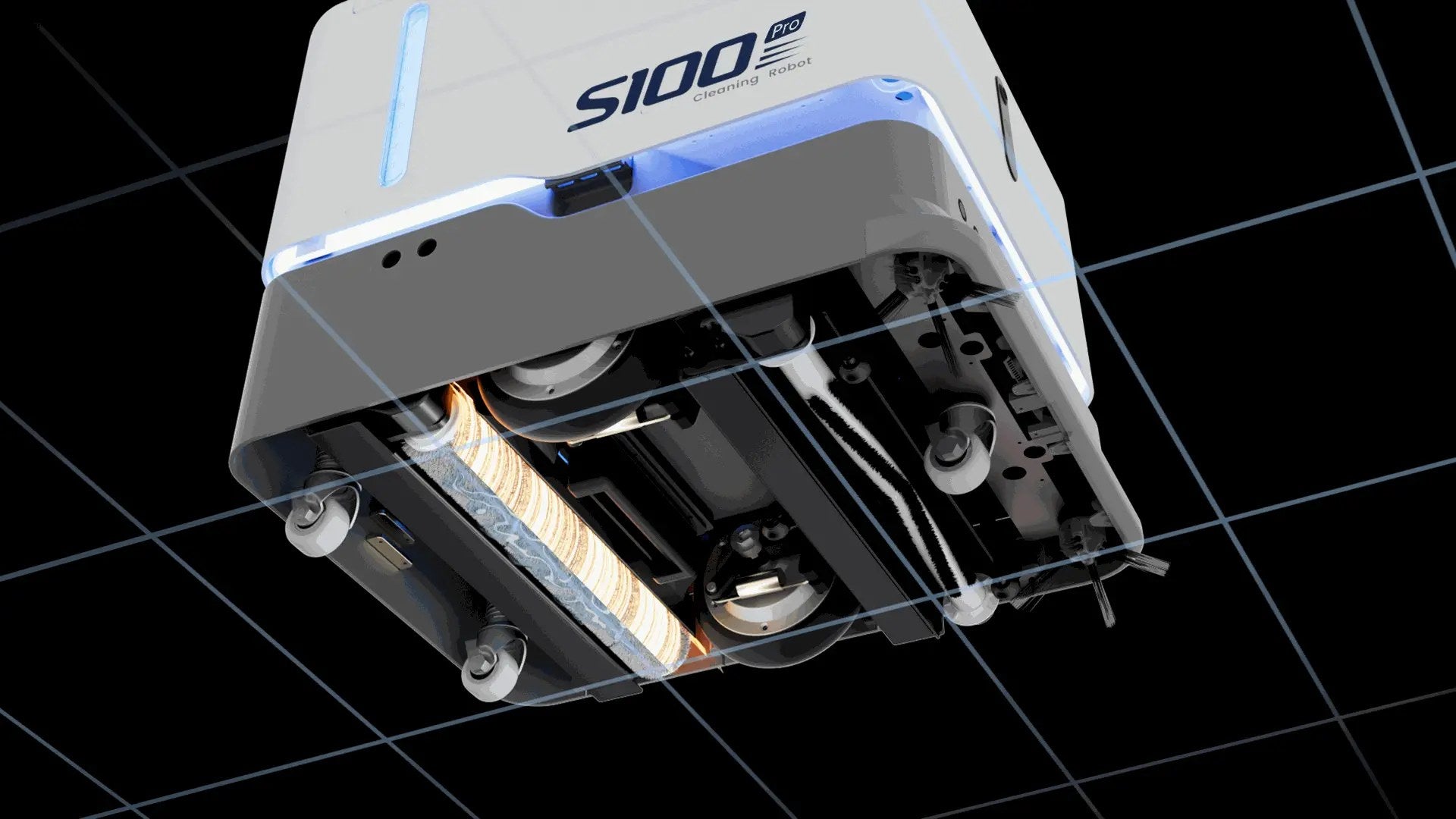 Underside of the Sveabot S100 Pro showing the scrubbing roller, side brushes and squeegee