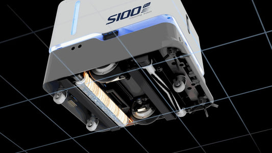 Underside of the Sveabot S100 Pro showing the scrubbing roller, side brushes and squeegee